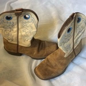 Cowgirl boots, blue, cream, brown leather, size5